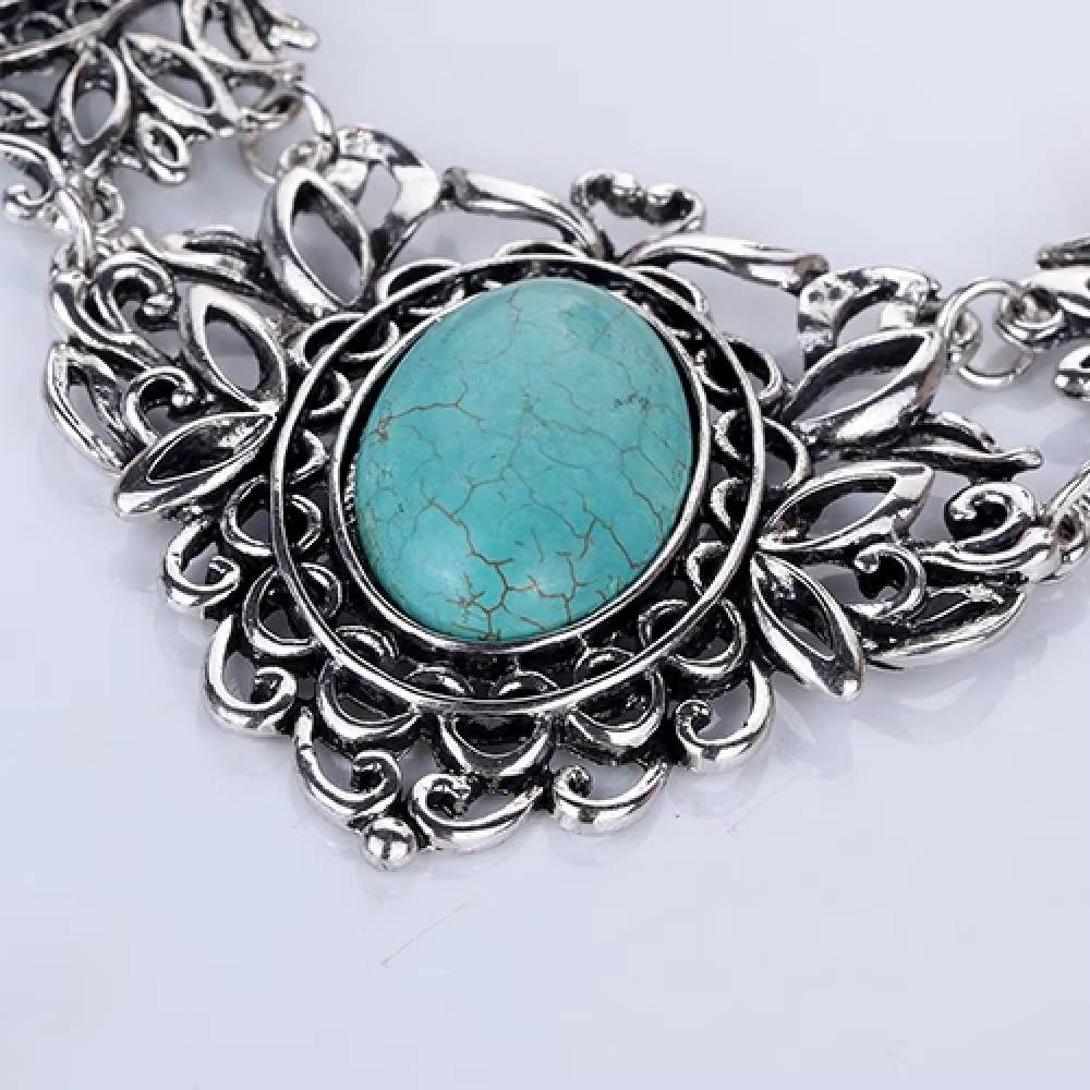 Bohemian Tibetan Turquoise Bib Collar Necklace Earrings Set (4)