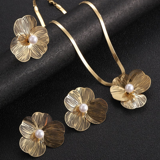 Bold Exaggerated Four-Leaf Flower Pearl Necklace Ring Earrings Set