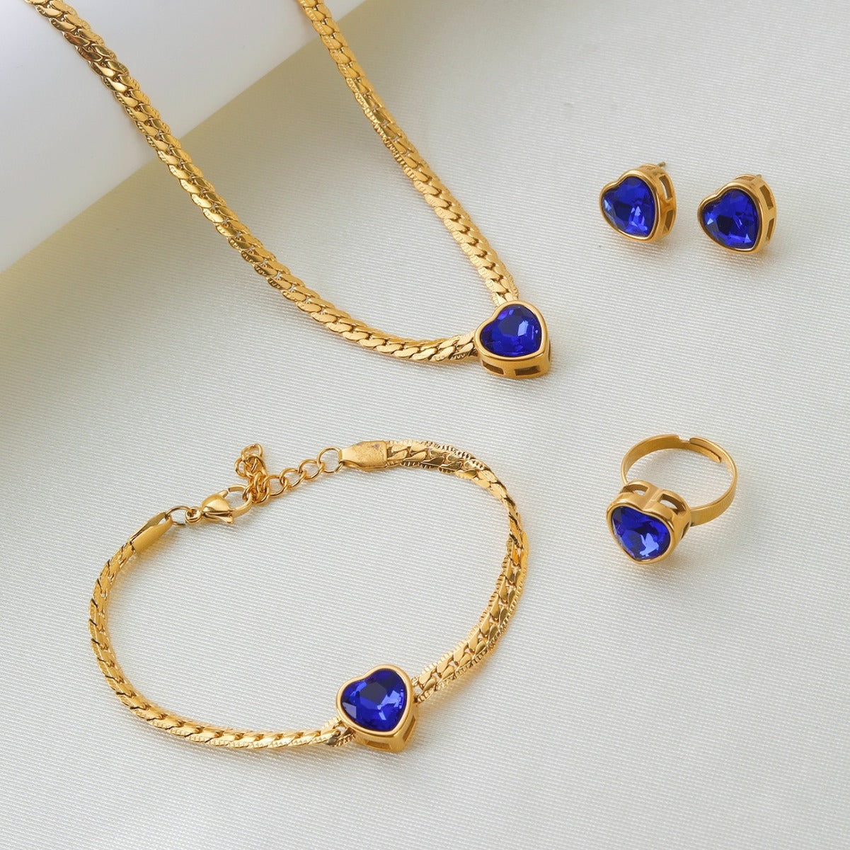 Chic Titanium Jewelry Set with Woven Chain, Blue Diamond Heart Necklace (7)