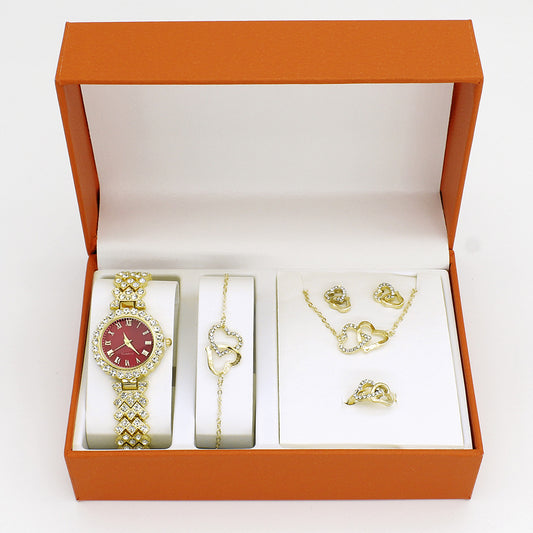 Chic Women's Watch and Jewelry Set with Diamond-Encrusted Steel Strap