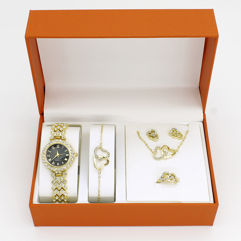 Chic Women's Watch and Jewelry Set with Diamond-Encrusted Steel Strap (2)