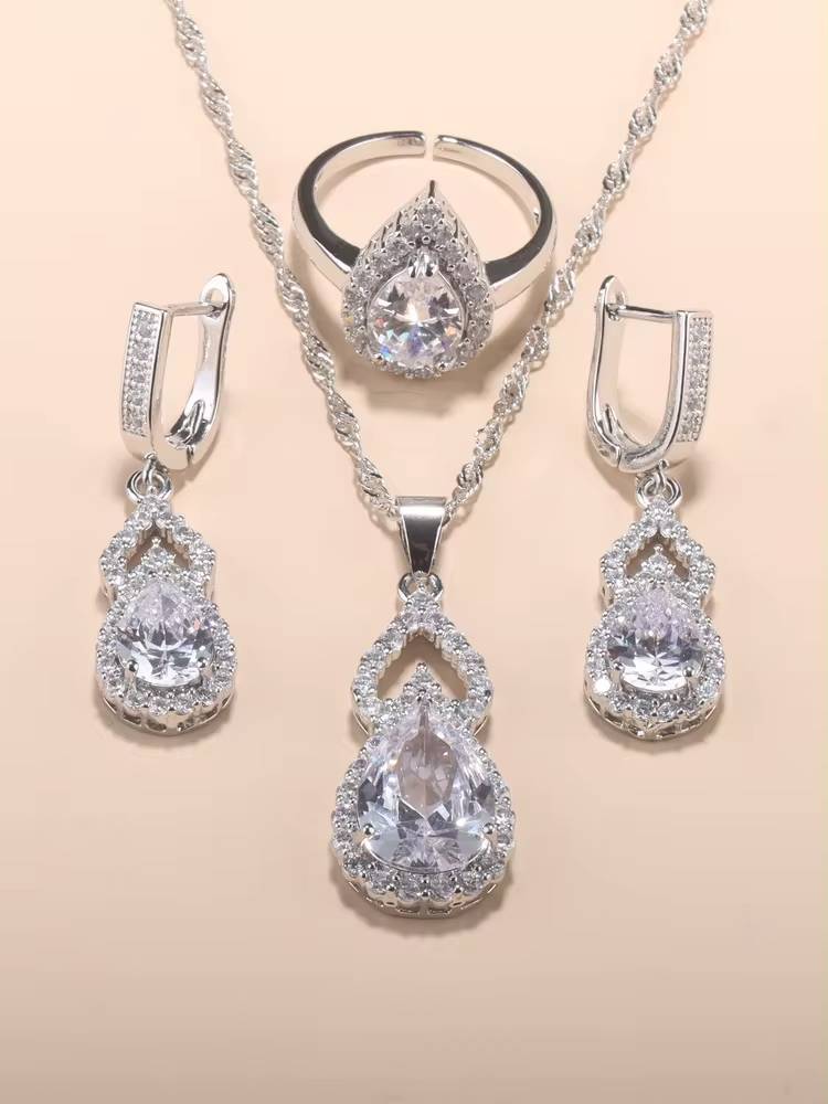 Classic Bridal Wedding Fine Jewelry With Earrings Chain Necklace Ring Sets (17)