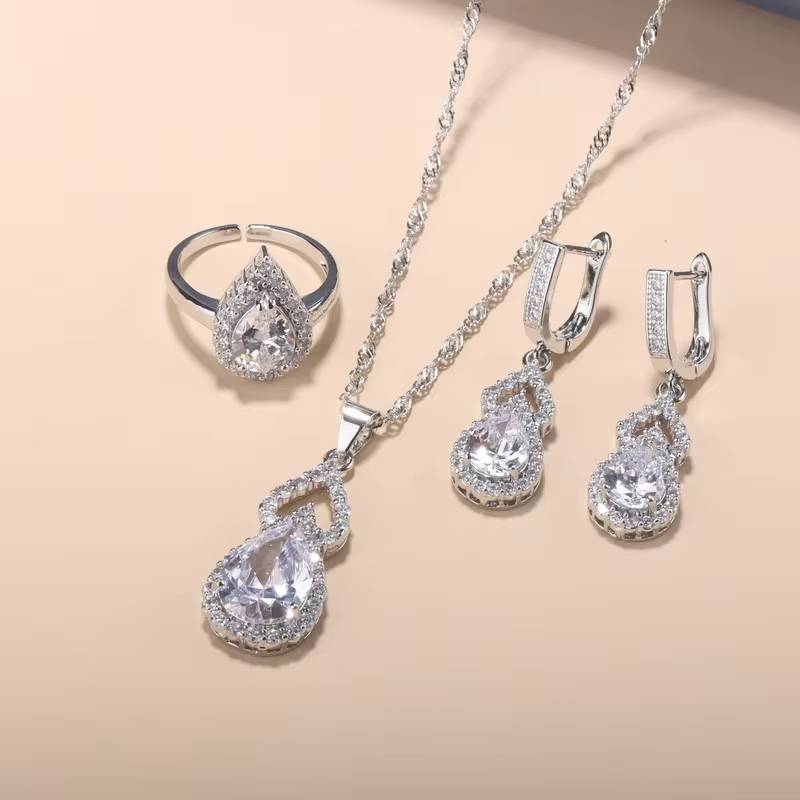 Classic Bridal Wedding Fine Jewelry With Earrings Chain Necklace Ring Sets (3)