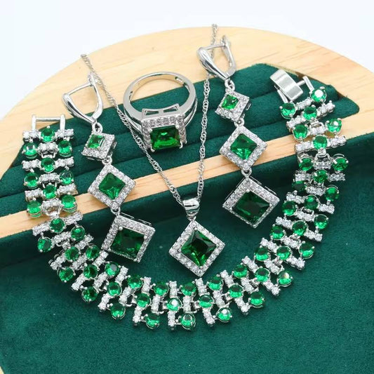 Classic Green Topaz 925 Silver Jewelry Set for Women