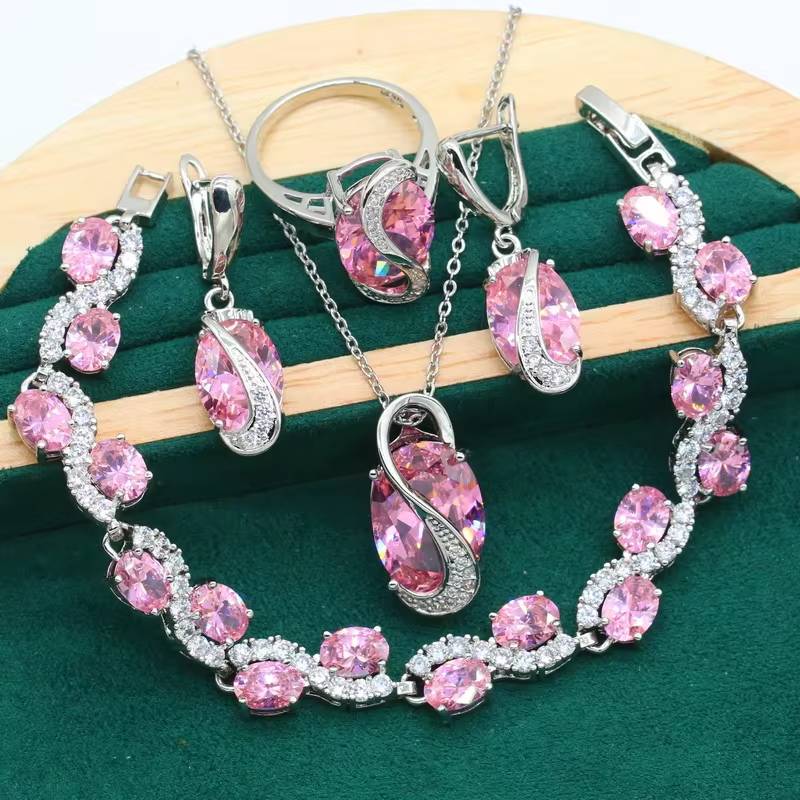 Classic Pink Zircon Bracelet Earrings Necklace Pendant Ring Gift