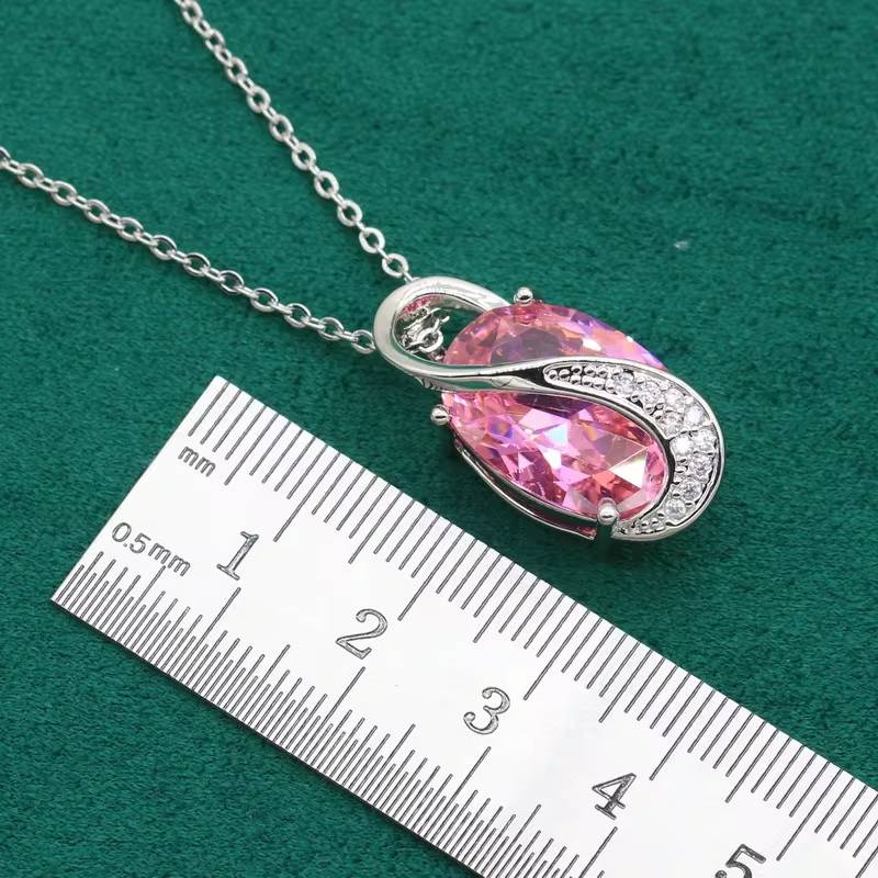 Classic Pink Zircon Bracelet Earrings Necklace Pendant Ring Gift (2)