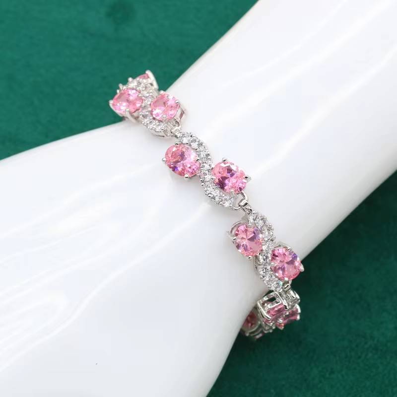 Classic Pink Zircon Bracelet Earrings Necklace Pendant Ring Gift (5)