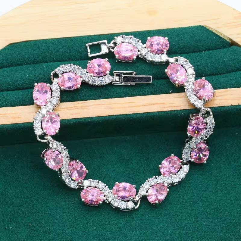 Classic Pink Zircon Bracelet Earrings Necklace Pendant Ring Gift (6)