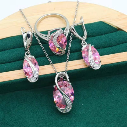 Classic Pink Zircon Bracelet Earrings Necklace Pendant Ring Gift (7)