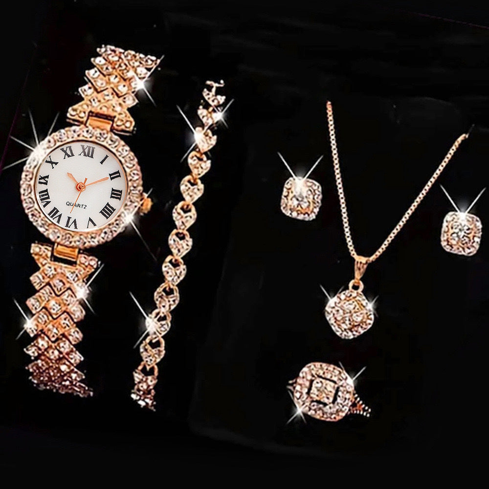 Deluxe Women's Watch Set with Water Diamonds, 5-Piece Gift Box