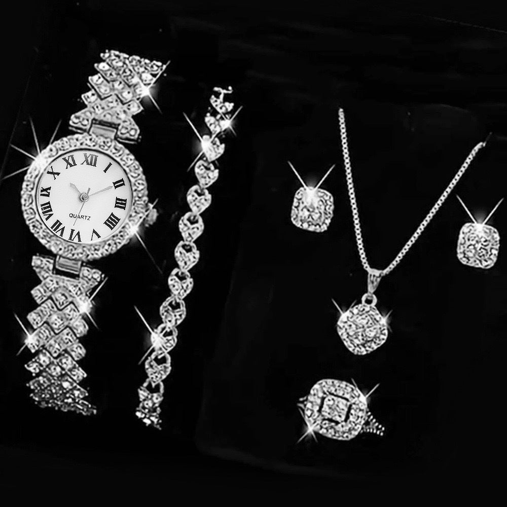 Deluxe Women's Watch Set with Water Diamonds, 5-Piece Gift Box (2)