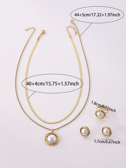 Double Chain Pearl Necklace Set Titanium Steel Fashion Ring Earrings