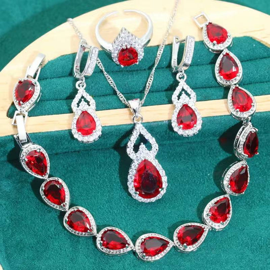 Droplet Shaped 925 Silver Jewelry Sets Red Zircon