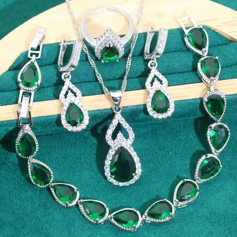 Droplet Shaped 925 Silver Jewelry Sets Red Zircon (13)