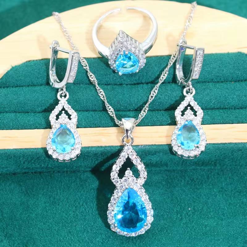 Droplet Shaped 925 Silver Jewelry Sets Red Zircon (12)