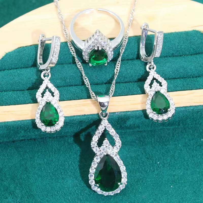 Droplet Shaped 925 Silver Jewelry Sets Red Zircon (14)