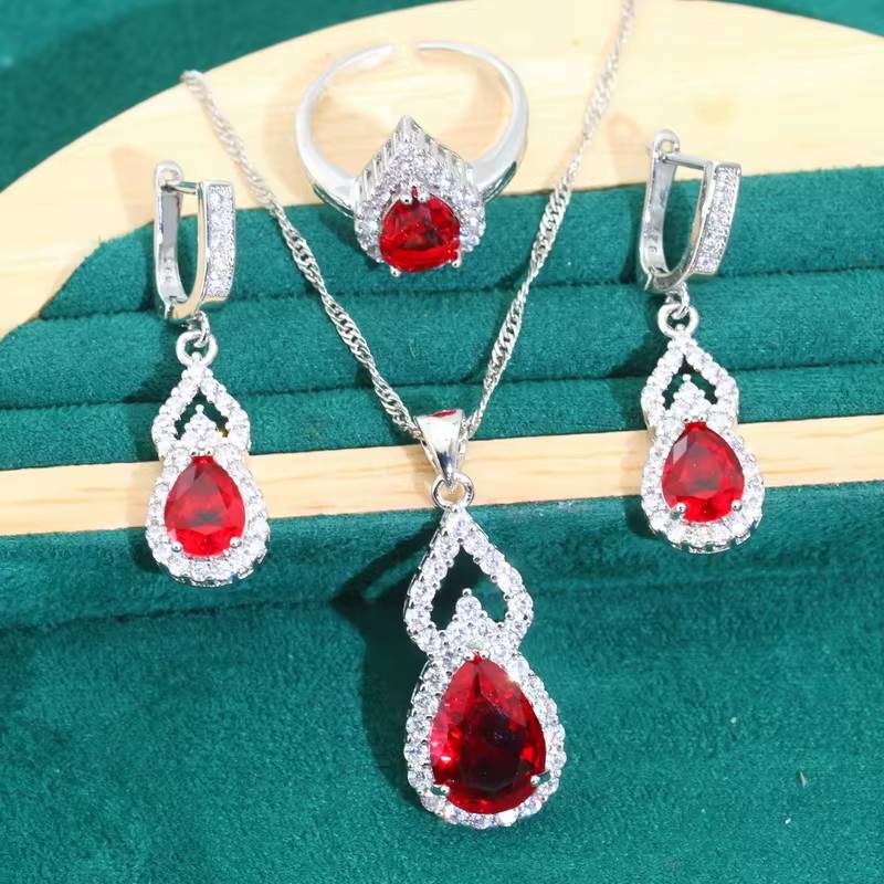 Droplet Shaped 925 Silver Jewelry Sets Red Zircon (10)