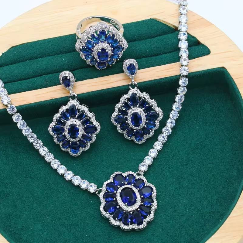 Dubai 925 Silver Jewelry Set for Women with Royal Blue Gemstone (7)