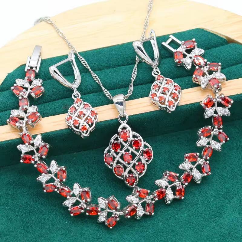 Elegant 925 Silver Jewelry Set with Red Zircon