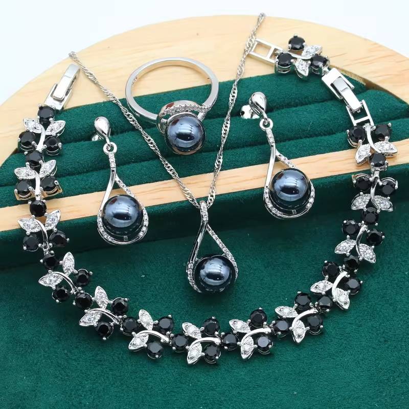 Elegant Black Pearl 925 Sterling Silver Jewelry Set