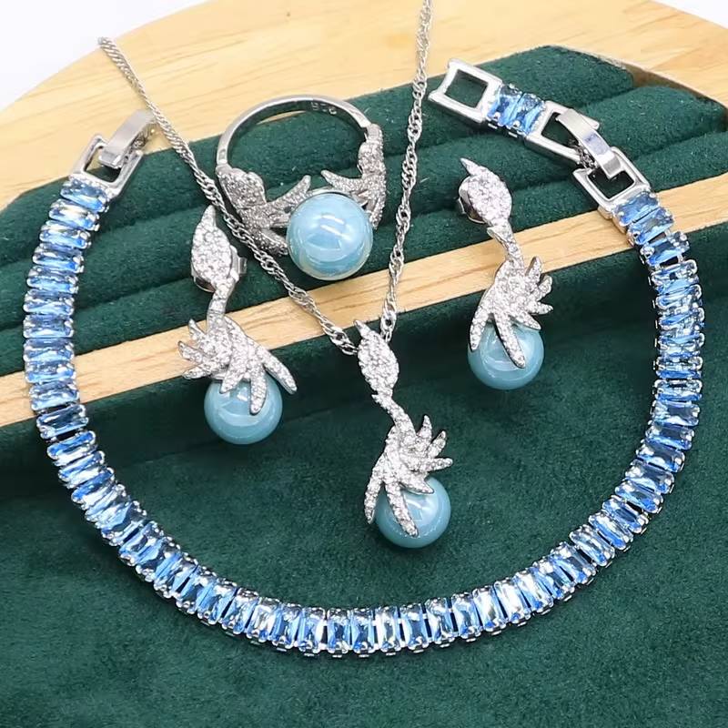 Elegant Blue Pearl & White Gemstone 925 Silver Jewelry Set for Women