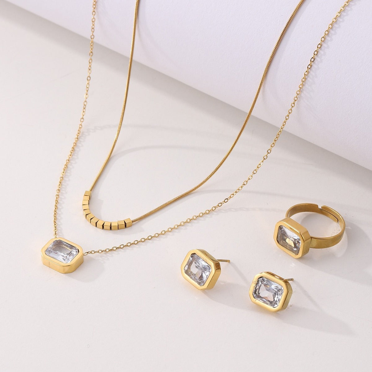 Elegant Double Layer Necklace Set with Crystal Earrings and Ring (4)