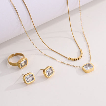 Elegant Double Layer Necklace Set with Crystal Earrings and Ring (6)