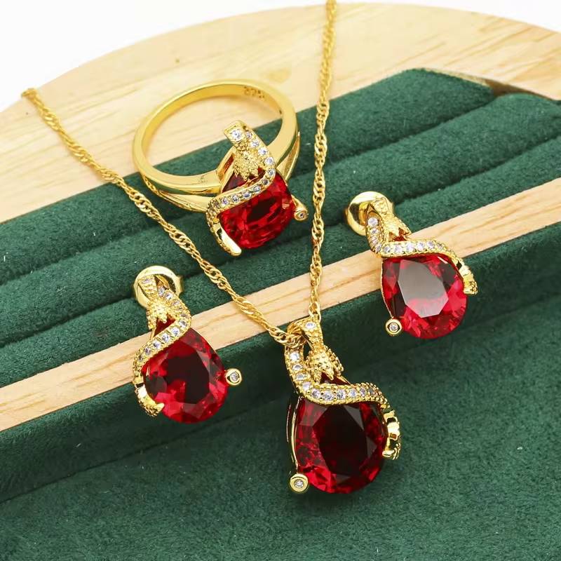 Elegant Gold Wedding Jewelry Set with Blue Green Red Zircon, 3PCS