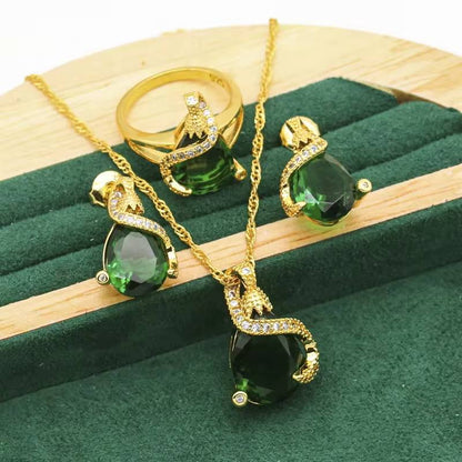 Elegant Gold Wedding Jewelry Set with Blue Green Red Zircon, 3PCS (9)