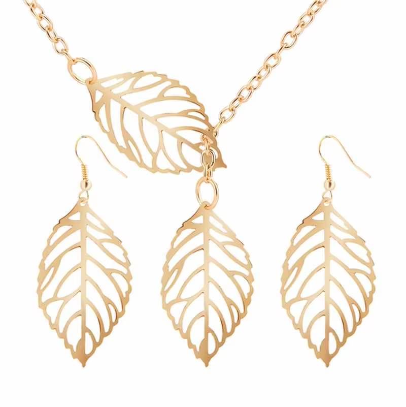 Elegant OL Leaves Hook Hollow Dangle Drop Earrings Necklace Jewelry Sets