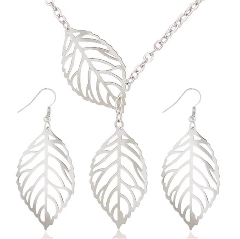 Elegant OL Leaves Hook Hollow Dangle Drop Earrings Necklace Jewelry Sets (2)