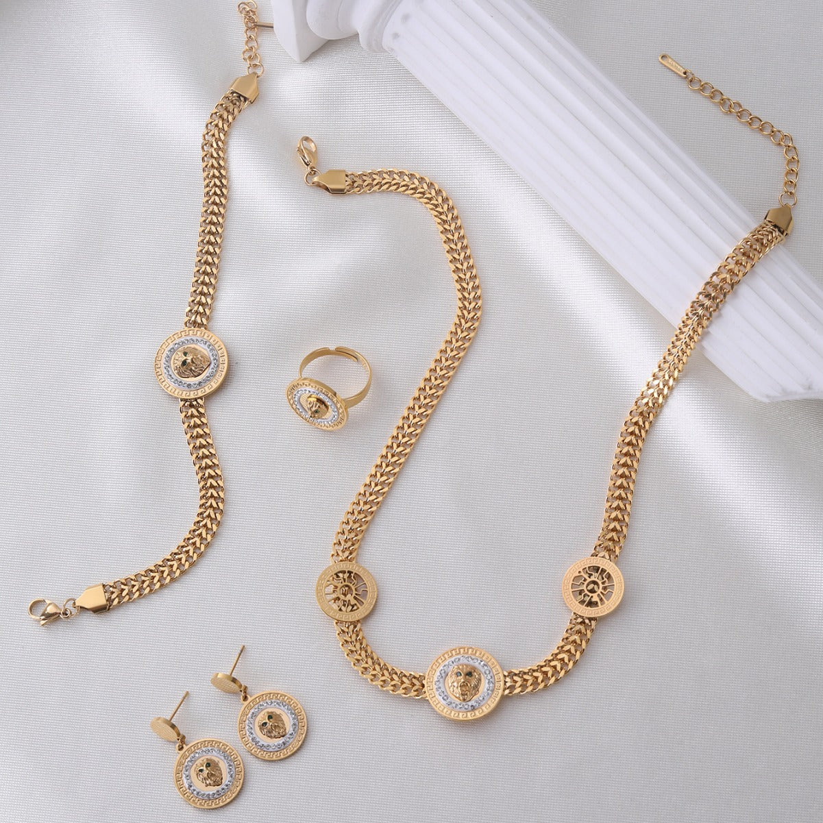 European and American Style Lion Head Jewelry Set with Double Row Chain (5)