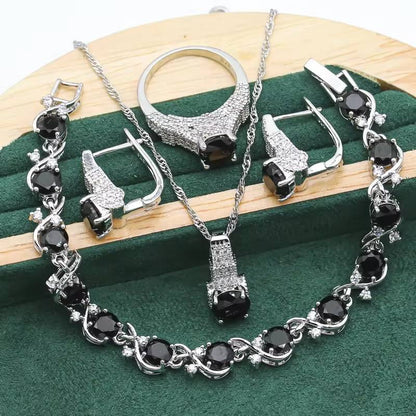 Exquisite Black White Crystal 925 Silver Jewelry Sets For Women