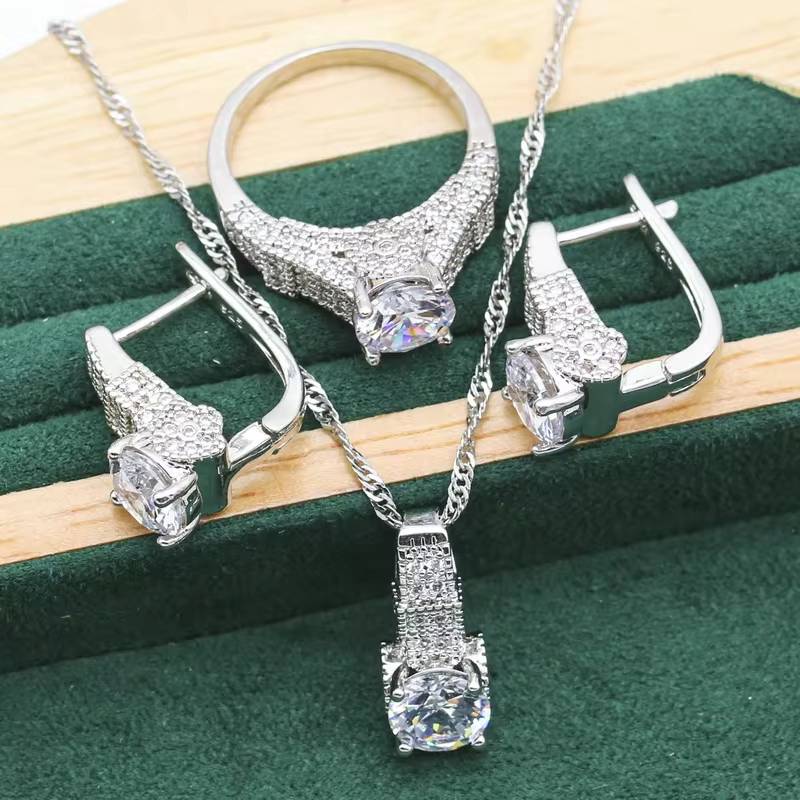 Exquisite Black White Crystal 925 Silver Jewelry Sets For Women (10)