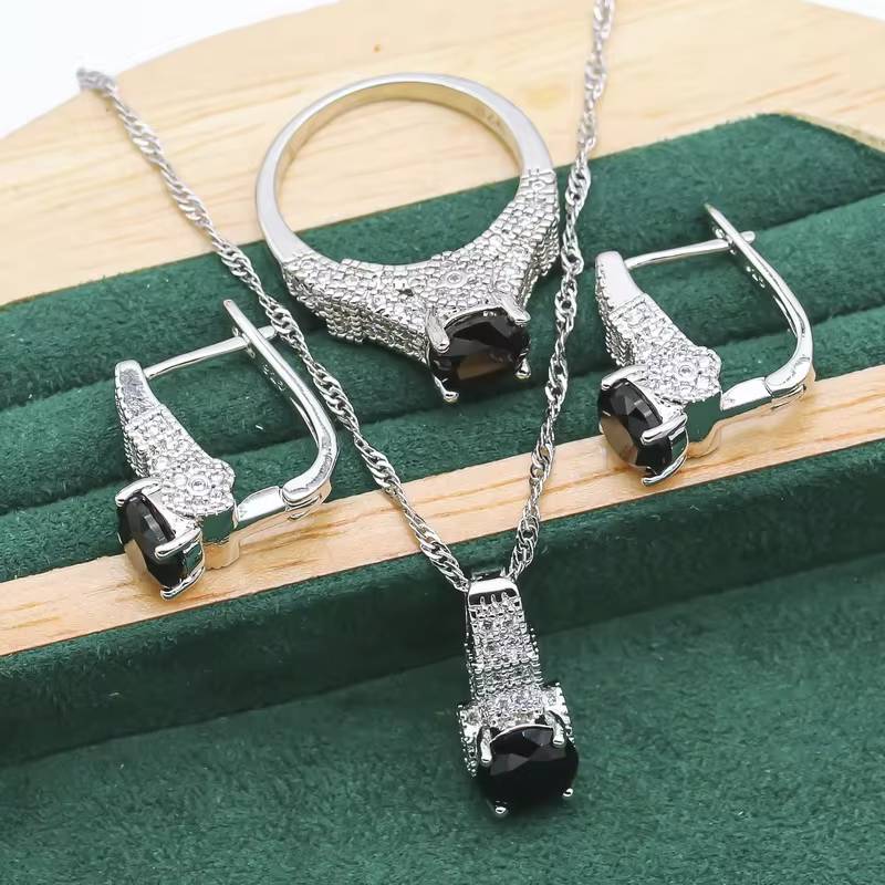 Exquisite Black White Crystal 925 Silver Jewelry Sets For Women (7)