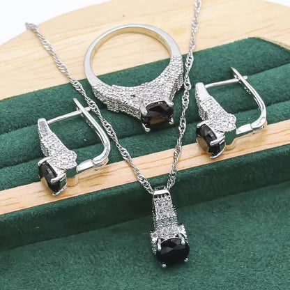 Exquisite Black White Crystal 925 Silver Jewelry Sets For Women (7)