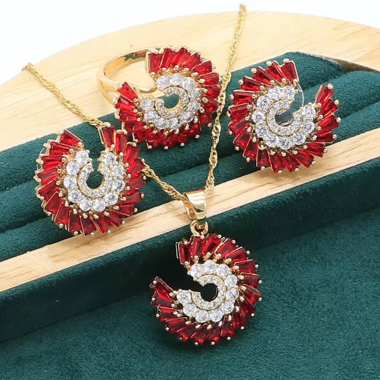 Exquisite Gold Color Jewelry Set Women Red White Semi