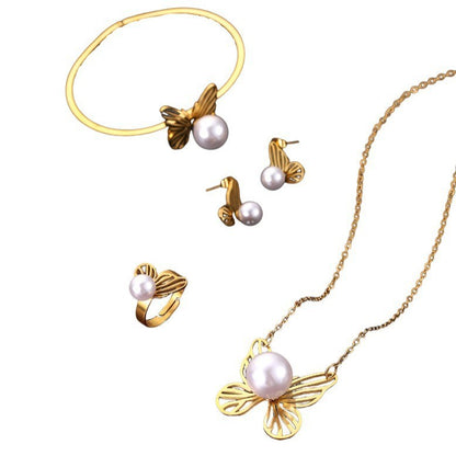 Fashion Retro Butterfly Pearl Necklace, Bracelet, Earrings Jewelry Set (2)