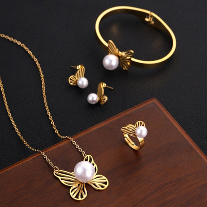 Fashion Retro Butterfly Pearl Necklace, Bracelet, Earrings Jewelry Set (6)