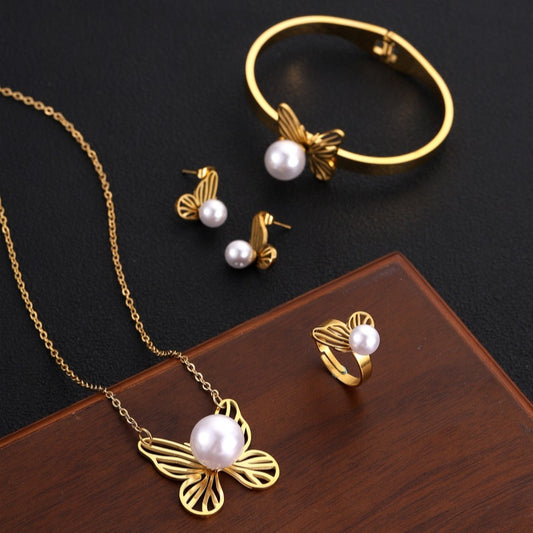 Fashion Retro Butterfly Pearl Necklace, Bracelet, Earrings Jewelry Set (6)