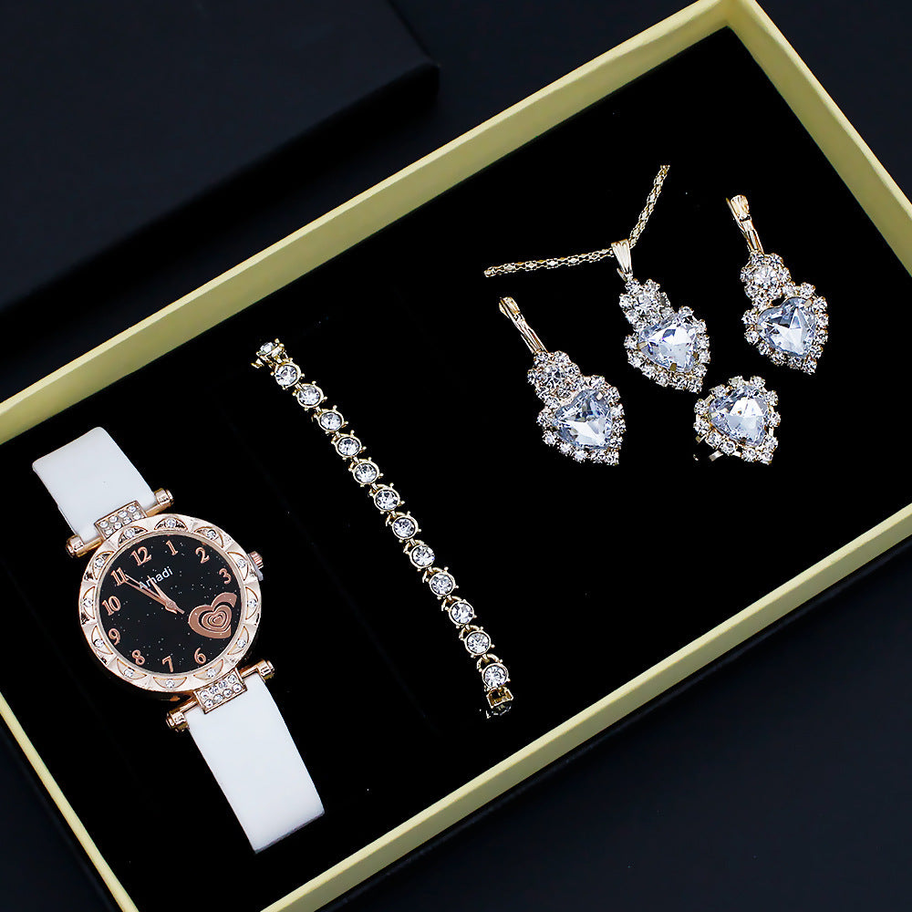 Fashion Wristwatch Set Women's 5-Piece + Gift Box Jewelry Set (10)