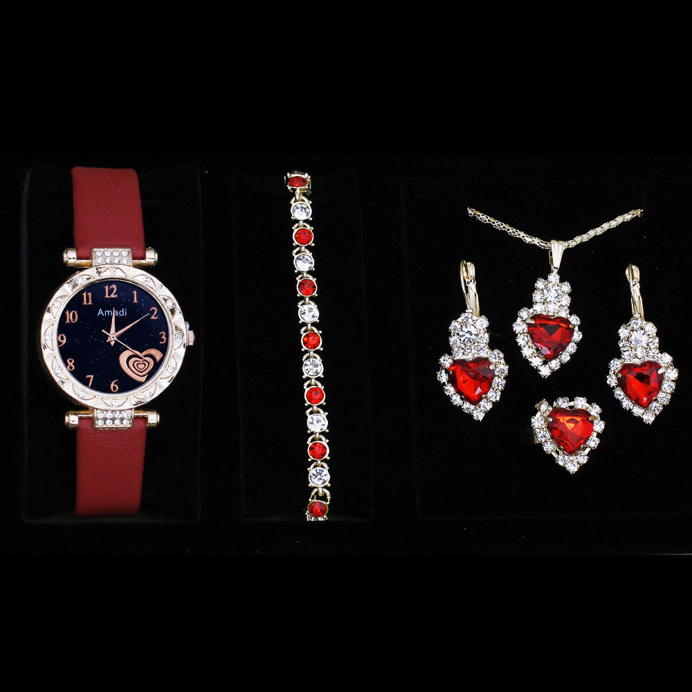 Fashion Wristwatch Set Women's 5-Piece + Gift Box Jewelry Set (3)