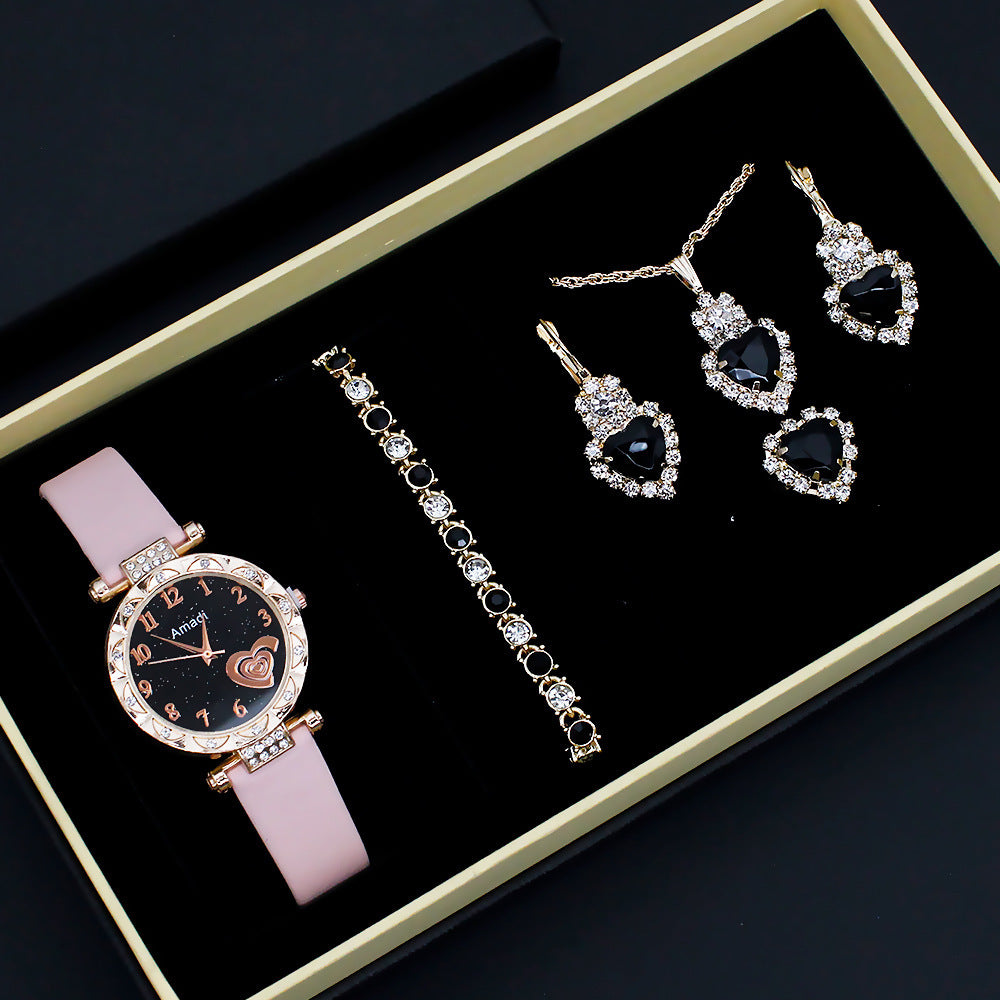 Fashion Wristwatch Set Women's 5-Piece + Gift Box Jewelry Set (6)