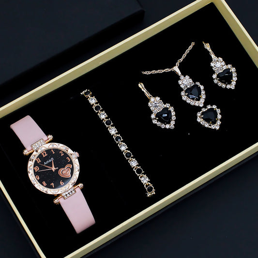 Fashion Wristwatch Set Women's 5-Piece + Gift Box Jewelry Set (6)