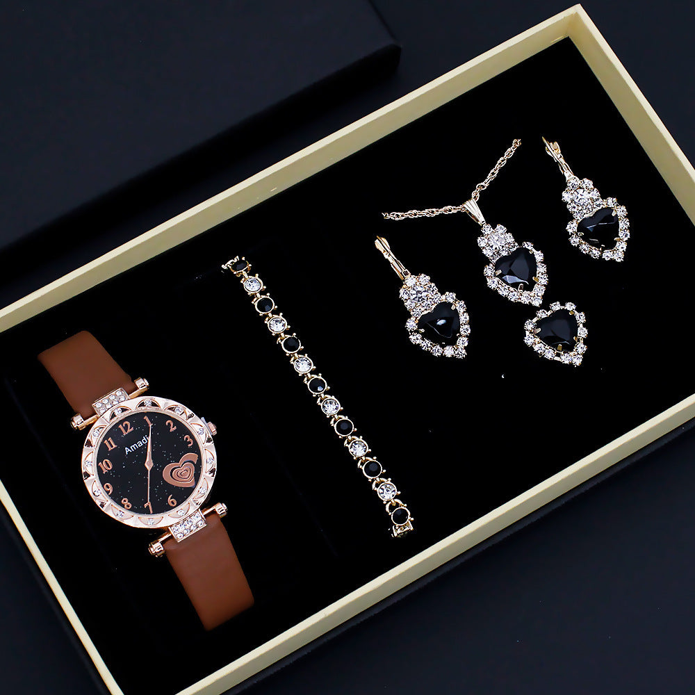 Fashion Wristwatch Set Women's 5-Piece + Gift Box Jewelry Set (7)