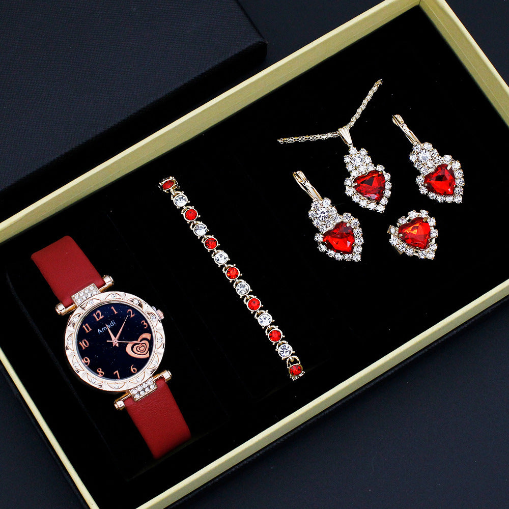 Fashion Wristwatch Set Women's 5-Piece + Gift Box Jewelry Set (8)