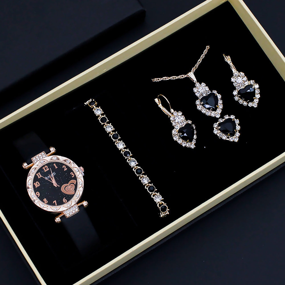 Fashion Wristwatch Set Women's 5-Piece + Gift Box Jewelry Set (9)