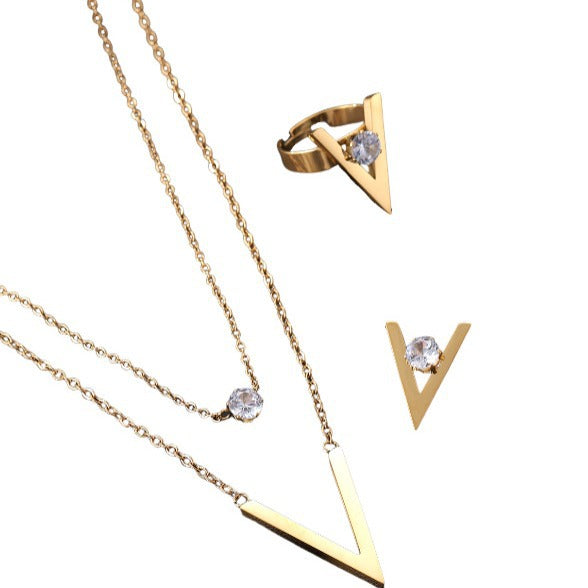 Fashionable Titanium Steel V-Shaped Gold Letter Jewelry Set