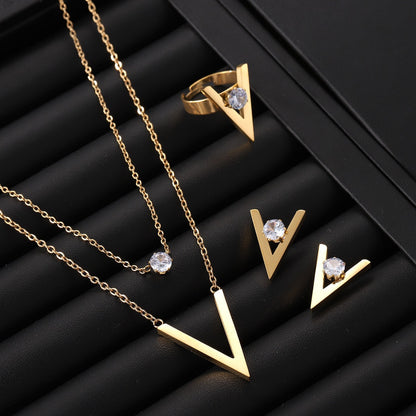 Fashionable Titanium Steel V-Shaped Gold Letter Jewelry Set (5)