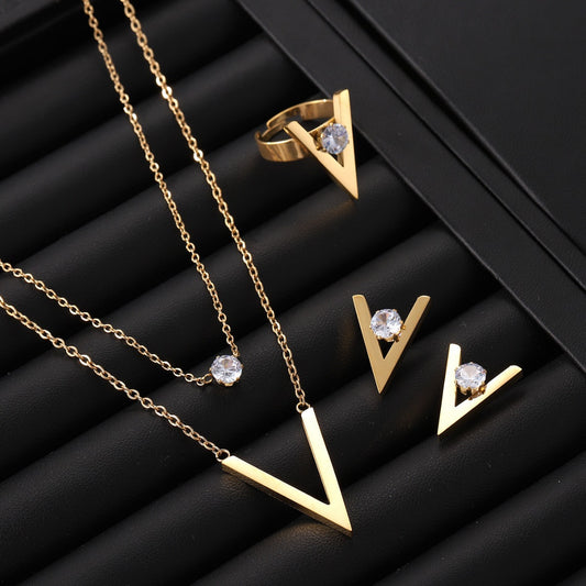 Fashionable Titanium Steel V-Shaped Gold Letter Jewelry Set (5)